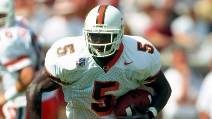 Uknown date; Tallahassee, FL, USA; FILE PHOTO; Miami Hurricanes running back Edgerrin James (5) in action against the Florida State Seminoles at Doak Campbell Stadium. Mandatory Credit: Photo By Imagn Images
