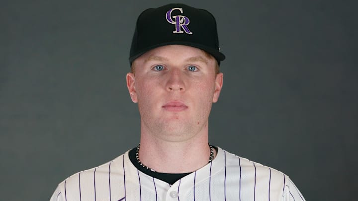 Feb 20, 2025; Scottsdale, AZ, USA;  Colorado Rockies pitcher Sean Sullivan (85) as shot during MLB Media Day at Salt River Fields.