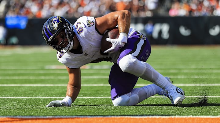 Baltimore Ravens tight end Mark Andrews catches a pass against the Cincinnati Bengals. Mandatory Credit: Katie Stratman-Imagn Images