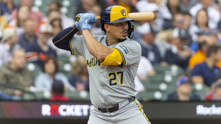 Jun 7, 2024; Detroit, Michigan, USA; Milwaukee Brewers shortstop Willy Adames (27) looks on during an at bat in the first inning of the game against the Detroit Tigers at Comerica Park.