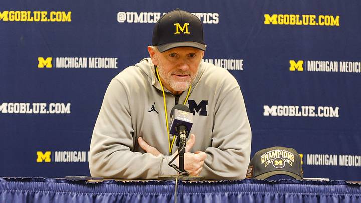 Apr 18, 2026; Ann Arbor, MI, USA; Michigan Wolverines head coach Kyle Whittingham gives remarks following the spring game at Michigan Stadium. Mandatory Credit: Brian Bradshaw Sevald-Imagn Images Apr 18, 2026; Ann Arbor, MI, USA; Michigan Wolverines head coach Kyle Whittingham gives remarks following the spring game at Michigan Stadium. Mandatory Credit: Brian Bradshaw Sevald-Imagn Images