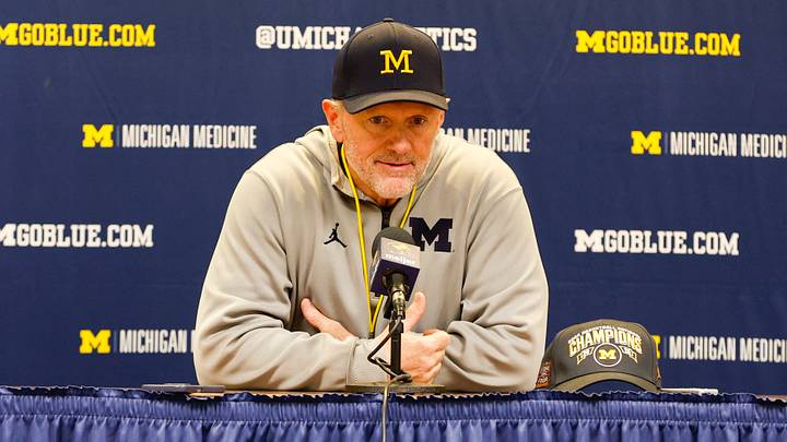 Apr 18, 2026; Ann Arbor, MI, USA; Michigan Wolverines head coach Kyle Whittingham gives remarks following the spring game at Michigan Stadium. Mandatory Credit: Brian Bradshaw Sevald-Imagn Images