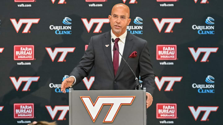 Nov 19, 2025; Blacksburg, VA, USA;  Virgiia Tech head coach James Franklin speaks at the conference at Cassell Coliseum. Mandatory Credit: Brian Bishop-Imagn Images
