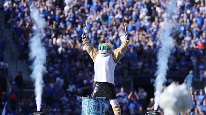 Oct 12, 2024; Provo, Utah, USA; The Brigham Young Cougars mascot Cosmo performs before the start of the fourth quarter against the Arizona Wildcats at LaVell Edwards Stadium. Mandatory Credit: Rob Gray-Imagn Images