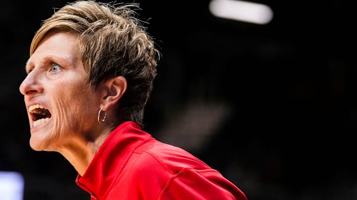 Indiana coach Teri Moren calls out to her team against Butler at Hinkle Fieldhouse.