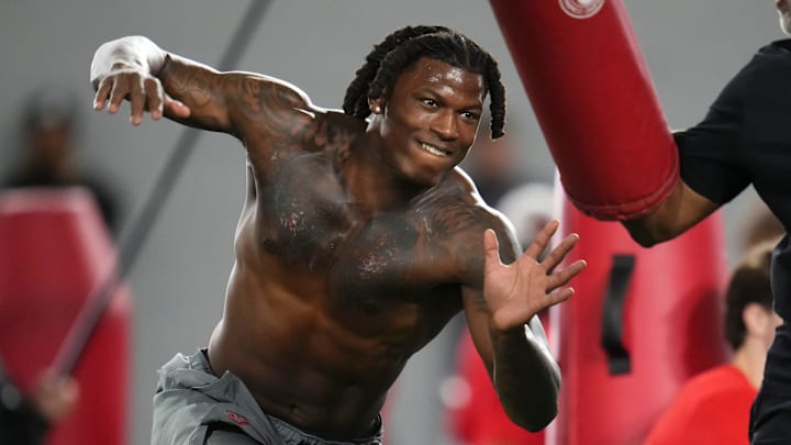 Ohio State Buckeyes linebacker Arvell Reese runs a drill during Pro Day for NFL scouts at the Woody Hayes Athletics Center 