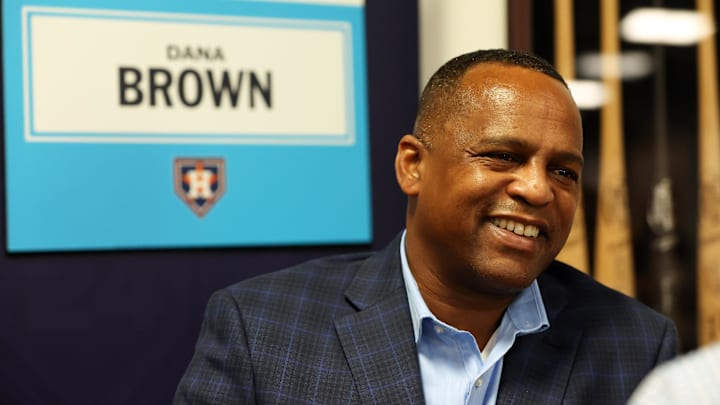 Feb 15, 2024; Tampa, FL, USA; Houston Astros general manager Dana Brown talks with media at George M. Steinbrenner Field. Feb 15, 2024; Tampa, FL, USA; Houston Astros general manager Dana Brown talks with media at George M. Steinbrenner Field.