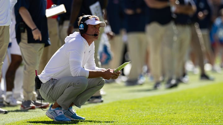 Nov 23, 2024; Gainesville, Florida, USA; Mississippi Rebels head coach Lane Kiffin looks on against the Florida Gators during the first half at Ben Hill Griffin Stadium. Mandatory Credit: Matt Pendleton-Imagn Images