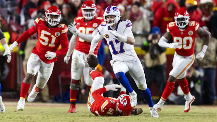Jan 26, 2025; Kansas City, MO, USA; Buffalo Bills quarterback Josh Allen (17) runs the ball against the Kansas City Chiefs during the AFC Championship Game