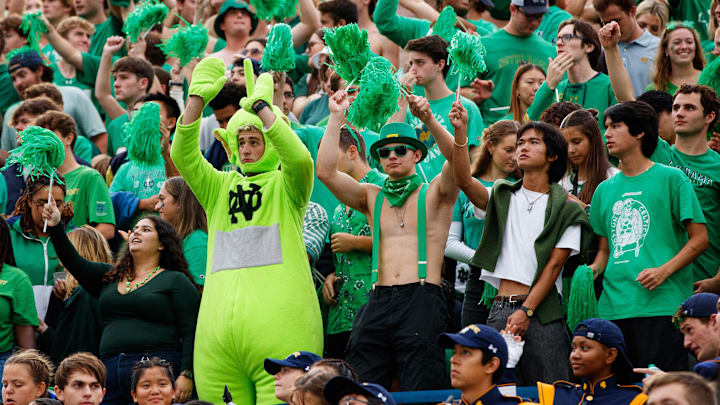 Notre Dame's student section cheers during a NCAA college football game between Notre Dame and Louisville at Notre Dame Stadium on Saturday, Sept. 28, 2024, in South Bend.