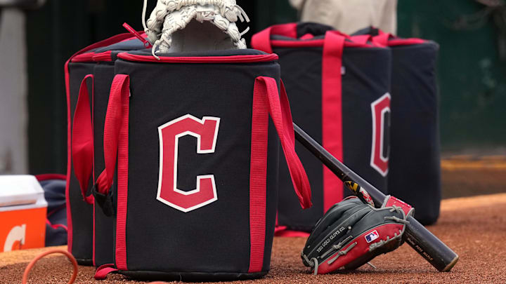 Mar 30, 2024; Oakland, California, USA; Cleveland Guardians equipment sits in front of the dugout before the game against the Oakland Athletics at Oakland-Alameda County Coliseum. Mandatory Credit: Darren Yamashita-Imagn Images Mar 30, 2024; Oakland, California, USA; Cleveland Guardians equipment sits in front of the dugout before the game against the Oakland Athletics at Oakland-Alameda County Coliseum. Mandatory Credit: Darren Yamashita-Imagn Images