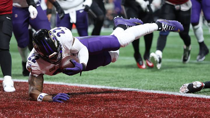 Oct 11, 2026; Atlanta, Georgia, USA; Baltimore Ravens running back Derrick Henry (22) scores a two point conversion during the fourth quarter against the Atlanta Falcons at Mercedes-Benz Stadium. Mandatory Credit: Brett Davis-Imagn Images Oct 11, 2026; Atlanta, Georgia, USA; Baltimore Ravens running back Derrick Henry (22) scores a two point conversion during the fourth quarter against the Atlanta Falcons at Mercedes-Benz Stadium. Mandatory Credit: Brett Davis-Imagn Images