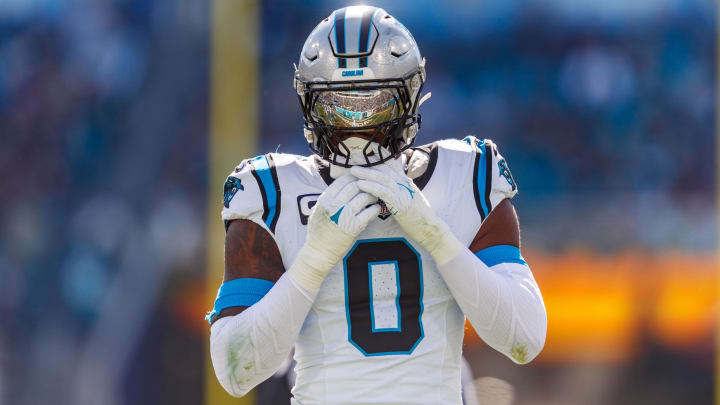 Dec 31, 2023; Jacksonville, Florida, USA; Carolina Panthers offensive linebacker Brian Burns (0) against the Carolina Panthers during the first quarter at EverBank Stadium.  