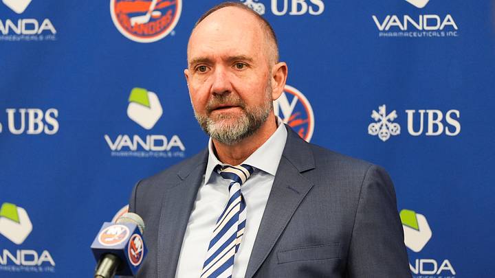 Apr 11, 2026; Elmont, New York, USA; New York Islanders head coach Peter DeBoer speaks to the media after their game against the Ottawa Senators at UBS Arena. Mandatory Credit: Alexander Wohl-Imagn Images Apr 11, 2026; Elmont, New York, USA; New York Islanders head coach Peter DeBoer speaks to the media after their game against the Ottawa Senators at UBS Arena. Mandatory Credit: Alexander Wohl-Imagn Images