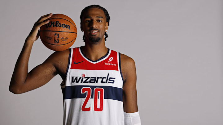 Sep 29, 2025; Washington, DC, USA; Washington Wizards forward Alex Sarr (20) poses for a portrait during Wizards Media Day at CareFirst Arena.  Mandatory Credit: Geoff Burke-Imagn Images