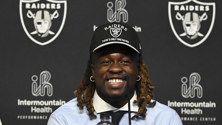 Apr 25, 2025; Henderson, NV, USA; Las Vegas Raiders first round draft pick in the 2025 NFL Draft Ashton Jeanty, speaks to the media at Intermountain Health Performance Center. Mandatory Credit: Candice Ward-Imagn Images