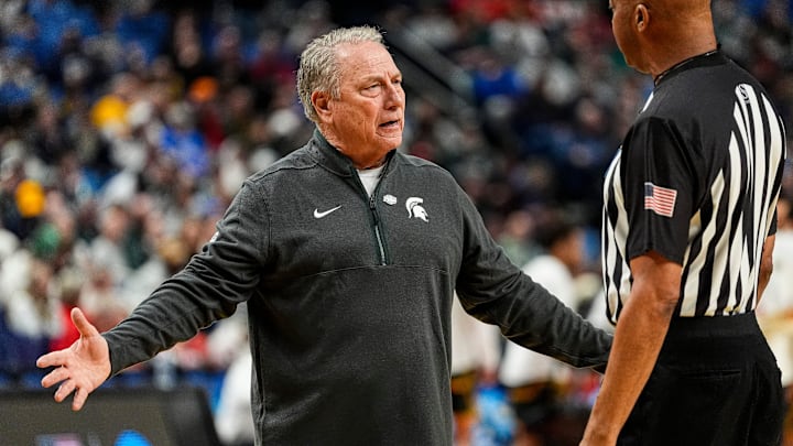 Michigan State head coach Tom Izzo reacts to a call during the first half of NCAA Tournament First Round against North Dakota State at KeyBank Center in Buffalo on Thursday, March 19, 2026.