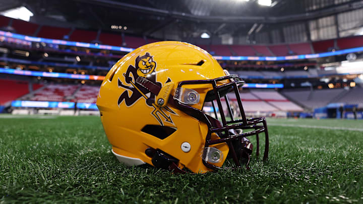 Jan 1, 2025; Atlanta, GA, USA; A detail view of an Arizona State Sun Devils helmet before the Peach Bowl at Mercedes-Benz Stadium. Mandatory Credit: Brett Davis-Imagn Images Jan 1, 2025; Atlanta, GA, USA; A detail view of an Arizona State Sun Devils helmet before the Peach Bowl at Mercedes-Benz Stadium. Mandatory Credit: Brett Davis-Imagn Images