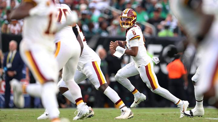 Sep 13, 2026; Philadelphia, Pennsylvania, USA; Washington Commanders quarterback Jayden Daniels (5) surveys the field against the Philadelphia Eagles during the second half at Lincoln Financial Field. Mandatory Credit: Bill Streicher Sep 13, 2026; Philadelphia, Pennsylvania, USA; Washington Commanders quarterback Jayden Daniels (5) surveys the field against the Philadelphia Eagles during the second half at Lincoln Financial Field. Mandatory Credit: Bill Streicher