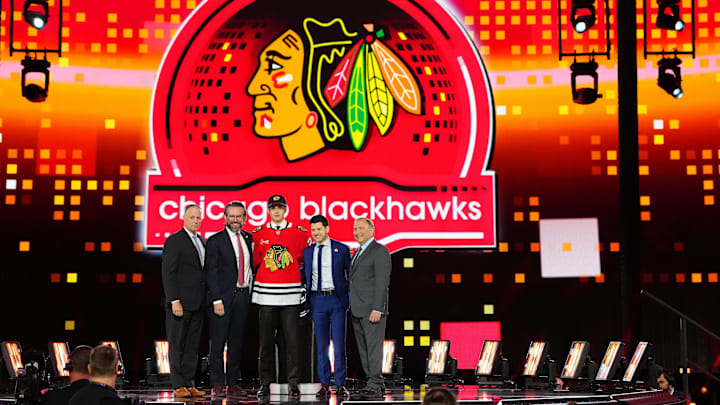 Jun 28, 2024; Las Vegas, Nevada, USA; Sacha Boisvert is selected by the Chicago Blackhawks with the 18th overall pick in the first round of the 2024 NHL Draft at The Sphere. Mandatory Credit: Stephen R. Sylvanie-Imagn Images