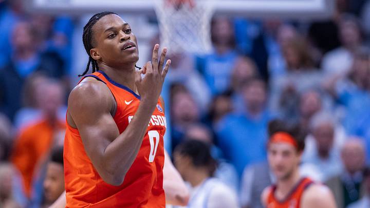 Mar 3, 2026; Chapel Hill, North Carolina, USA; Clemson Tigers forward RJ Godfrey (0) celebrates a three point basket against the North Carolina Tar Heels during the second half at Dean E. Smith Center. Mar 3, 2026; Chapel Hill, North Carolina, USA; Clemson Tigers forward RJ Godfrey (0) celebrates a three point basket against the North Carolina Tar Heels during the second half at Dean E. Smith Center.