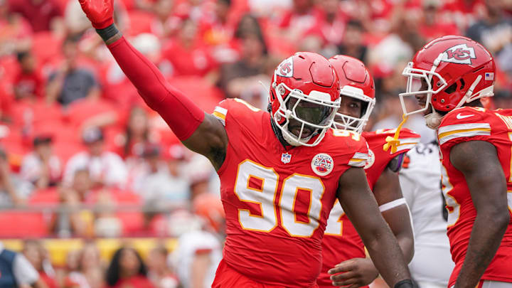 Aug 26, 2023; Kansas City, Missouri, USA; Kansas City Chiefs defensive end Charles Omenihu (90)