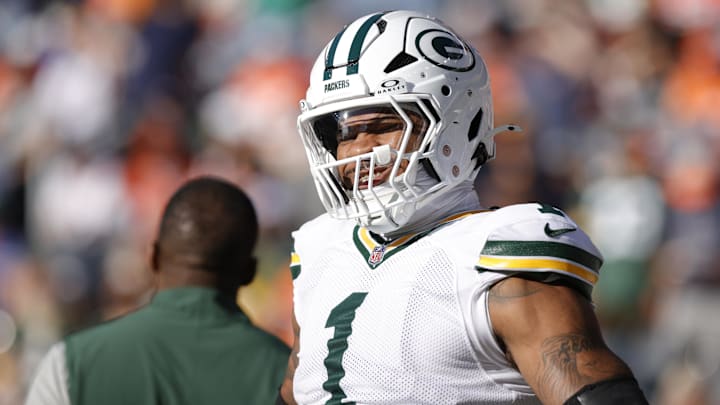 Dec 14, 2025; Denver, Colorado, USA; Green Bay Packers defensive end Micah Parsons (1) warms up before a game against the Denver Broncos at Empower Field at Mile High. Mandatory Credit: Isaiah J. Downing-Imagn Images