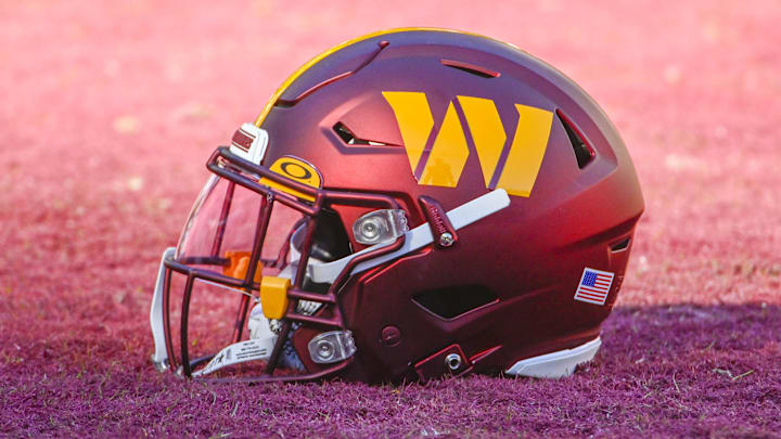 Jan 1, 2023; Landover, Maryland, USA; Washington Commanders helmet on the field before the game against the Cleveland Browns at FedExField. Mandatory Credit: Brad Mills-Imagn Images
