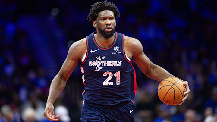 Nov 21, 2023; Philadelphia, Pennsylvania, USA; Philadelphia 76ers center Joel Embiid (21) in action against the Cleveland Cavaliers during the fourth quarter at Wells Fargo Center. Mandatory Credit: Bill Streicher-Imagn Images