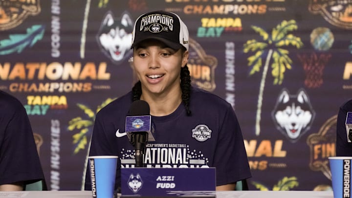 Connecticut Huskies guard Azzi Fudd (35) speaks to the media after the national championship of the women's 2025 NCAA tournament against the South Carolina Gamecocks.