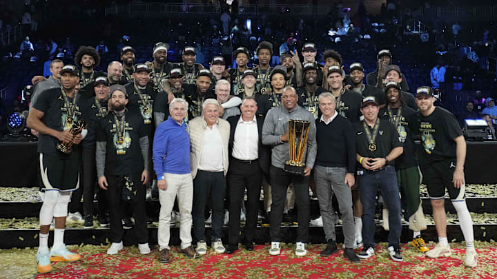 Dec 17, 2024; Las Vegas, Nevada, USA; Milwaukee Bucks players and staff celebrate after winning the Emirates NBA Cup championship game against the Oklahoma City Thunder at T-Mobile Arena. Mandatory Credit: Kyle Terada-Imagn Images