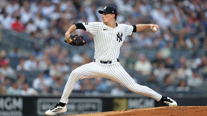 Jun 5, 2025; Bronx, New York, USA; New York Yankees starting pitcher Max Fried (54) pitches against the Cleveland Guardians during the second inning at Yankee Stadium. Mandatory Credit: Brad Penner-Imagn Images