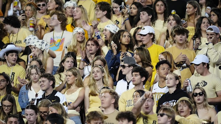 Sep 27, 2025; Boulder, Colorado, USA; General view of the Colorado Buffaloes student section during the first quarter against the Brigham Young Cougars at Folsom Field. Mandatory Credit: Ron Chenoy-Imagn Images