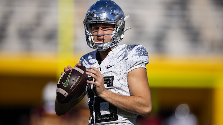 Nov 18, 2023; Tempe, Arizona, USA; Oregon Ducks quarterback quarterback Austin Novosad (16) against the Arizona State Sun Devils at Mountain America Stadium. 