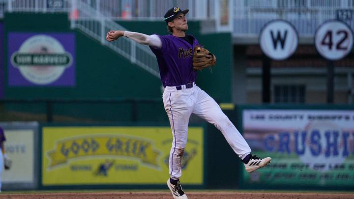 Marek Houston of the Fort Myers Mighty Mussels throws for an out against the Dunedin Blue Jays at Hammond Stadium on Saturday, Aug. 2, 2025. The Mussels won 3-2 in extra innings.