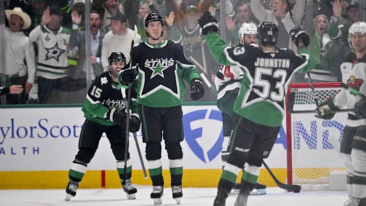 Apr 20, 2026; Dallas, Texas, USA; Dallas Stars center Colin Blackwell (15) and center Oskar Back (10) and center Wyatt Johnston (53) celebrates a goal scored by Johnston against the Minnesota Wild during the first period in game two of the first round of the 2026 Stanley Cup Playoffs at American Airlines Center. Mandatory Credit: Jerome Miron-Imagn Images