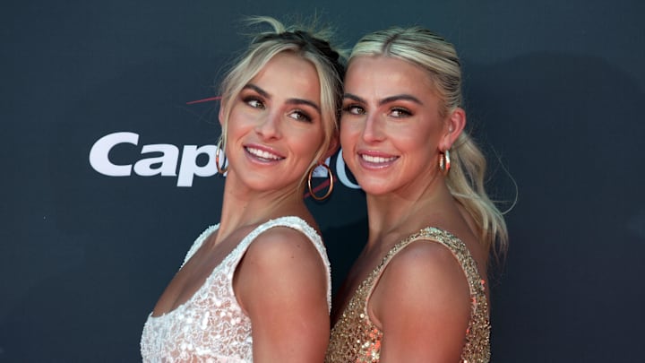 July 12, 2023; Los Angeles, CA, USA; Hanna Cavinder and Haley Cavinder arrive on the red carpet before the 2023 ESPYS at the Dolby Theatre.