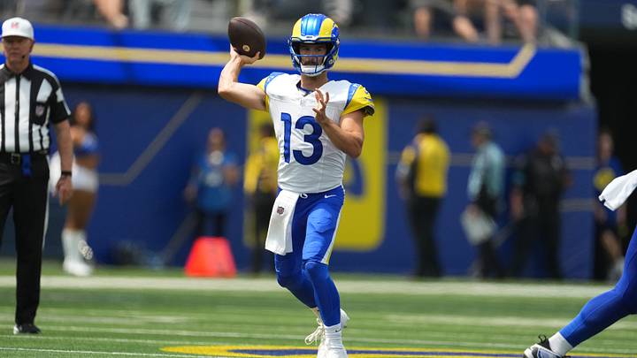 Aug 22, 2026; Inglewood, California, USA; Los Angeles Rams quarterback Stetson Bennett IV (13) throws the ball against the New Orleans Saints in the first half at SoFi Stadium. Mandatory Credit: Kirby Lee-Imagn Images