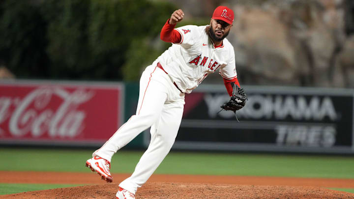 May 9, 2025; Anaheim, California, USA; Los Angeles Angels relief pitcher Kenley Jansen (74) throws in the ninth inning against the Baltimore Orioles at Angel Stadium. Mandatory Credit: Kirby Lee-Imagn Images