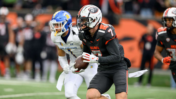 Nov 9, 2024; Corvallis, Oregon, USA; Oregon State Beavers wide receiver Trent Walker (7) runs the ball after a catch during the third quarter against the San Jose State Spartans at Reser Stadium. Mandatory Credit: Craig Strobeck-Imagn Images