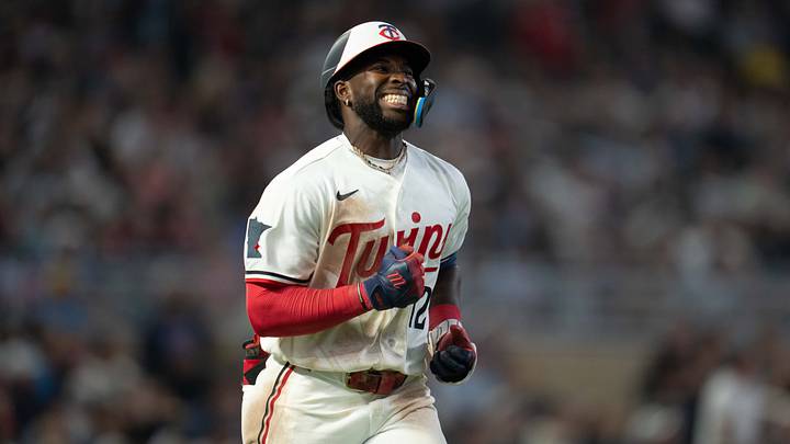 Aug 28, 2026; Minneapolis, Minnesota, USA;  Minnesota Twins shortstop Kaelen Culpepper (12) reacts after hitting a fly ball against the Chicago White Sox in the sixth inning at Target Field.  Mandatory Credit: Jesse Johnson-Imagn Images