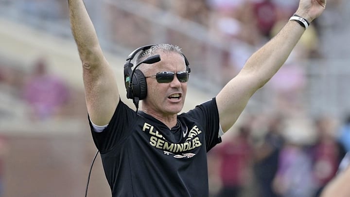 Oct 11, 2025; Tallahassee, Florida, USA; Florida State Seminoles head coach Mike Norvell during the second half against the Pittsburgh Panthers at Doak S. Campbell Stadium. Mandatory Credit: Melina Myers-Imagn Images