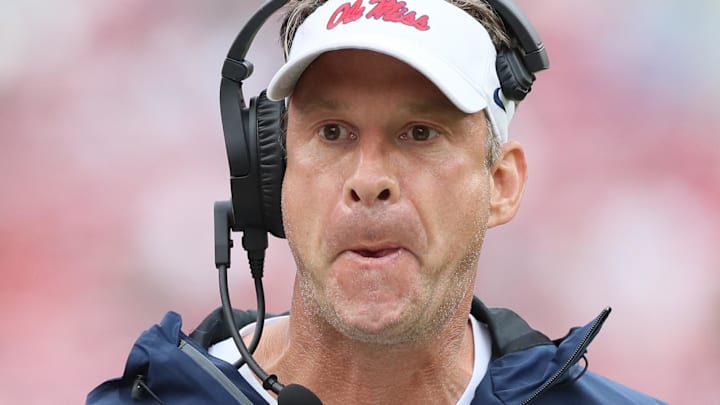 Nov 2, 2024: Ole Miss Rebels head coach Lane Kiffin whistles at a player in the fourth quarter against the Arkansas Razorbacks.