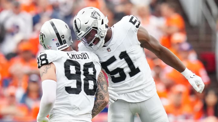 Sep 10, 2023; Denver, Colorado, USA; Las Vegas Raiders defensive end Malcolm Koonce (51) celebrates a sack with defensive end Maxx Crosby (98) against the Denver Broncos in the second quarter at Empower Field at Mile High. Mandatory Credit: Ron Chenoy-USA TODAY Sports Sep 10, 2023; Denver, Colorado, USA; Las Vegas Raiders defensive end Malcolm Koonce (51) celebrates a sack with defensive end Maxx Crosby (98) against the Denver Broncos in the second quarter at Empower Field at Mile High. Mandatory Credit: Ron Chenoy-USA TODAY Sports