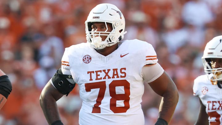 Oct 12, 2024; Dallas, Texas, USA;  Texas Longhorns offensive lineman Kelvin Banks Jr. (78) in action during the game against the Oklahoma Sooners at the Cotton Bowl. Mandatory Credit: Kevin Jairaj-Imagn Images