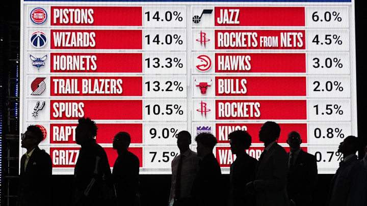 May 12, 2024; Chicago, IL, USA; Representatives of the 14 NBA teams wait to go on stage during the May 12, 2024; Chicago, IL, USA; Representatives of the 14 NBA teams wait to go on stage during the