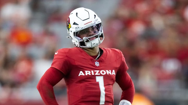 Aug 9, 2025; Glendale, Arizona, USA; Arizona Cardinals quarterback Kyler Murray (1) reacts after a yellow penalty flag is thrown against the Kansas City Chiefs during a preseason NFL game at State Farm Stadium. Mandatory Credit: Mark J. Rebilas-Imagn Images