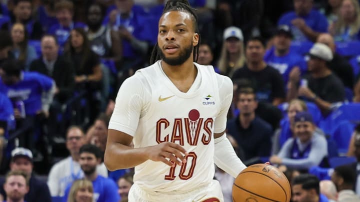 Apr 25, 2024; Orlando, Florida, USA; Cleveland Cavaliers guard Darius Garland (10) brings the ball up court during the first quarter of game three of the first round for the 2024 NBA playoffs at Kia Center. Mandatory Credit: Mike Watters-USA TODAY Sports