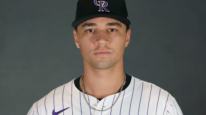 Feb 20, 2025; Scottsdale, AZ, USA;  Colorado Rockies pitcher Gabriel Hughes (79) as shot during MLB Media Day at Salt River Fields.