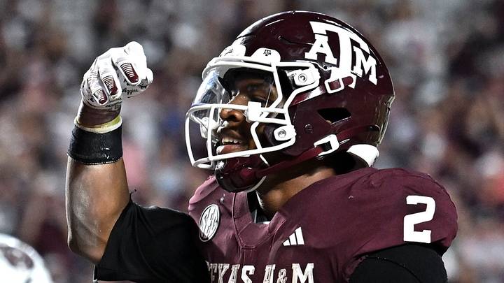 Sep 5, 2026; College Station, Texas, USA; Texas A&M Aggies running back Jamarion Morrow (2) reacts after scoring a touchdown during the third quarter against the Missouri State Bears at Kyle Field. Mandatory Credit: Maria Lysaker-Imagn Images